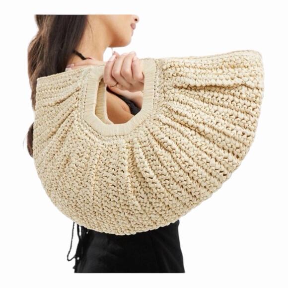 Ramla Bohemian Tan Woven Straw Half Moon Hobo Bag New Handmade Zip Closure - Picture 15 of 16